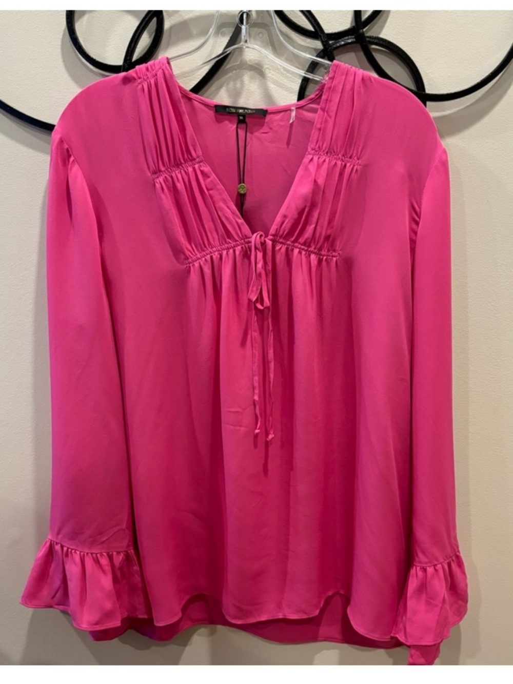 Kobi Halperin NEW MIA Silk Long Sleeve Top Pink Womens XL Tied Front Smocking